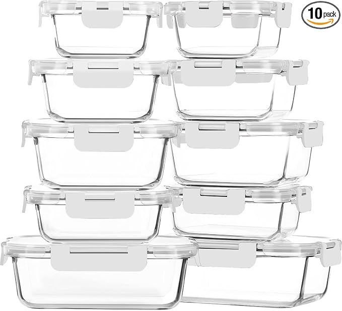 M MCIRCO 10 Pack Glass Food Storage Container with Lids, White | Glass Meal Prep Containers with Lids, Airtight Lunch Bento Boxes,Microwave, Oven, Freezer and Dishwasher Friendly, BPA Free