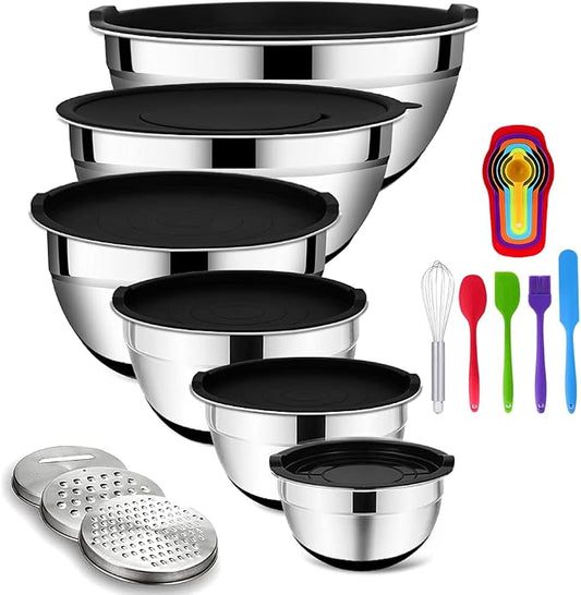 Rottay Mixing Bowls Set with Airtight Lids, 20PCS Stainless Steel, Nesting Bowls with 3 Grater Attachments & Non-Slip Bottoms, Size7, 4, 3, 2, 1.5, 1QT Bowls for Baking&Prepping