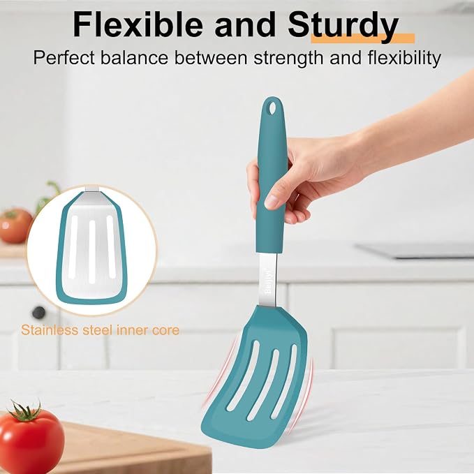 Beijiyi 2 Pack Silicone Spatula Set, Heat Resistant, for Nonstick Cookware | Flipping & Cooking, BPA Free, Flexible, Solid & Slotted Turner, Non-Toxic Kitchen Utensils, Non Scratch, Dishwasher Safe