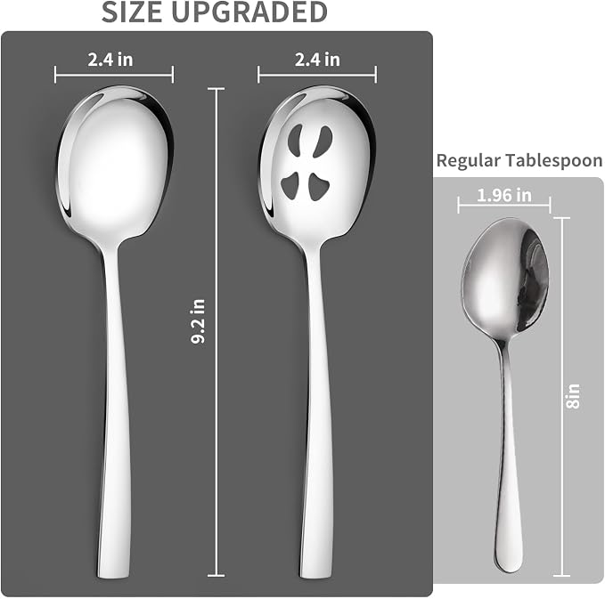 6 Piece Stainless Steel Serving Spoons Set - 3 Large, 3 Slotted, 9.2-Inch, Dishwasher Safe, for Parties/Kitchen/Buffet/Catering