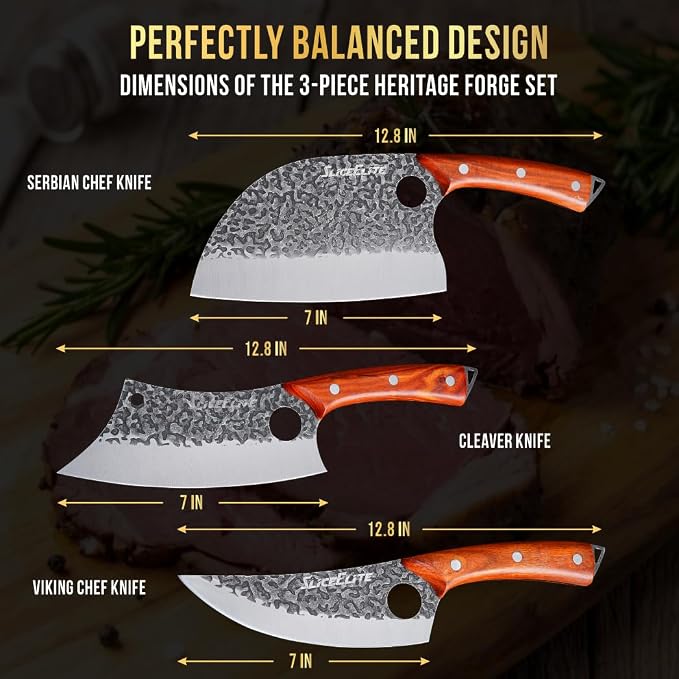 3 Piece BBQ Knife Set Serbian Chef Knife Meat Cleaver Viking Kitchen Knives | Outdoor Cooking • Barbeque • Meal Prep • Camping • Butchering • Lanyard Holes Hammered Pattern Forged Steel Real Wood Handles