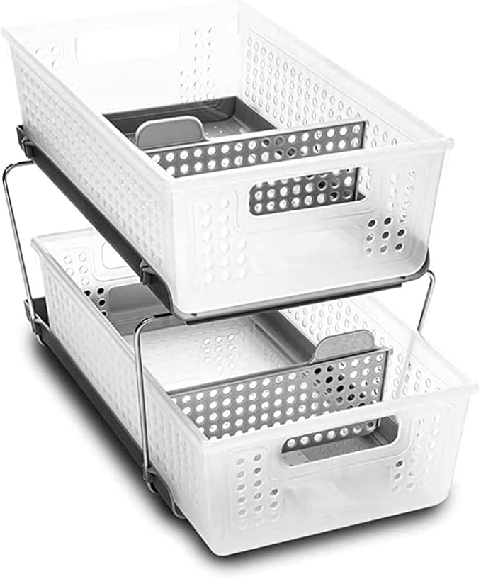 madesmart Two Tier Organizer with Dividers, Frost | pull out bins, tiered access, cleaning supplies, under sink use, pantry bottles, woman owned