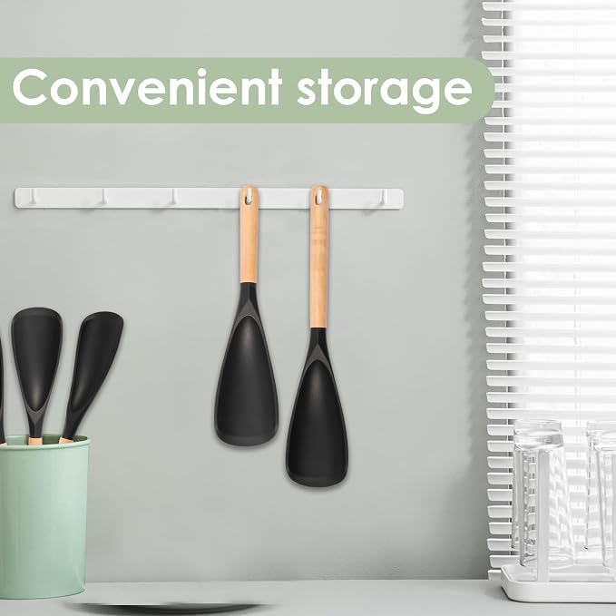 8Pack Silicone Cooking Spoons, Wooden Handle Spatula Spoon for Non-Stick Cookware, Black 4 Large 4 Small Heat Resistant Kitchen Utensils for Stirring, Scooping, Scraping, Dishwasher Safe