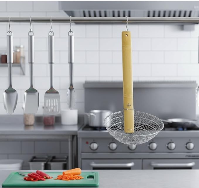 TrueCraftware- 10” Fine Mesh Skimmer Galvanized Steel with Natural Bamboo Handle- Spider Strainer Ladle Kitchen Frying Food Pasta Spaghetti for Cooking and Frying Pasta Strainer Spoon
