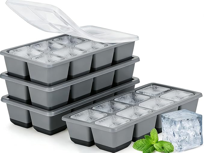 Large Ice Cube Trays with Lid, Jrisbo 2 Pack Stackable Silicone Ice Cube Molds for Freezer, Easy Release 16 Big Square Ice Trays for Whisky Cocktails (4 Black Gray)