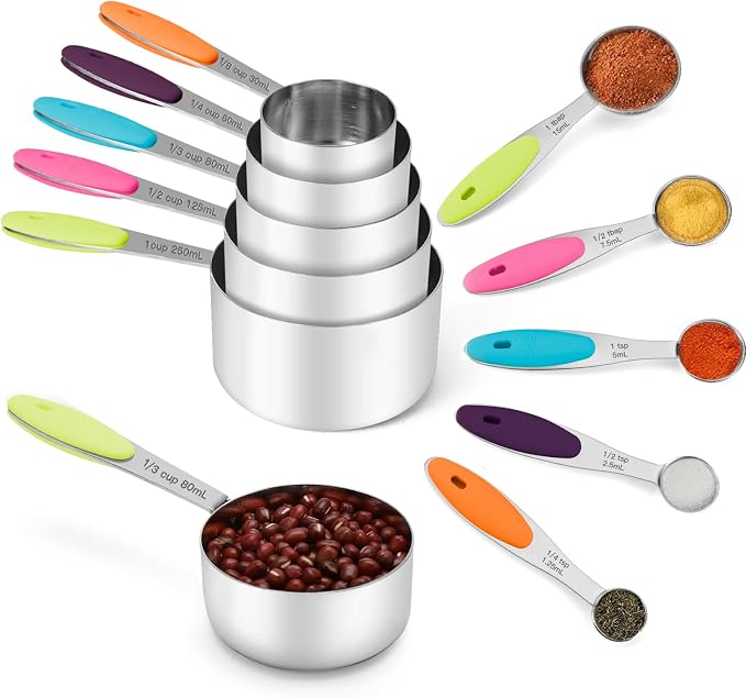 Joyhill Stainless Steel Measuring Cups and Spoons Set of 10 Piece, Nesting Metal Measuring Cups Set with Soft Touch Silicone Handles for Dry and Liquid Ingredients, Cooking & Baking (Colorful) | BPA-Free Silicone Handles, Etched Markings, Nestable Desi...