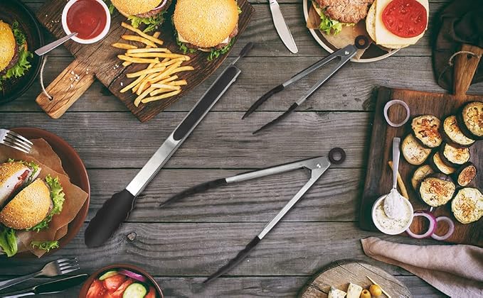 Serving Tongs Kitchen Tongs - Heat Resistant, Premium Stainless Steel Locking Cooking Tongs with Silicone Tips, Non-Slip Food Tongs for Cooking, Heavy Duty, Non-Stick (9 Inch(4 Pack))