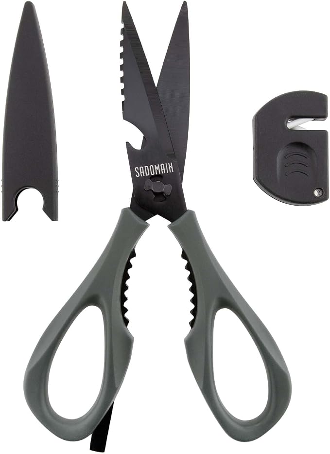 Kitchen Scissors All Purpose, Extra Sharp Kitchen Shears with Knife Sharpener & Sheath, Solid & Durable Stainless Steel Scissors with ANTI-RUST Black Titanium Plated, Dishwasher Safe - Grey