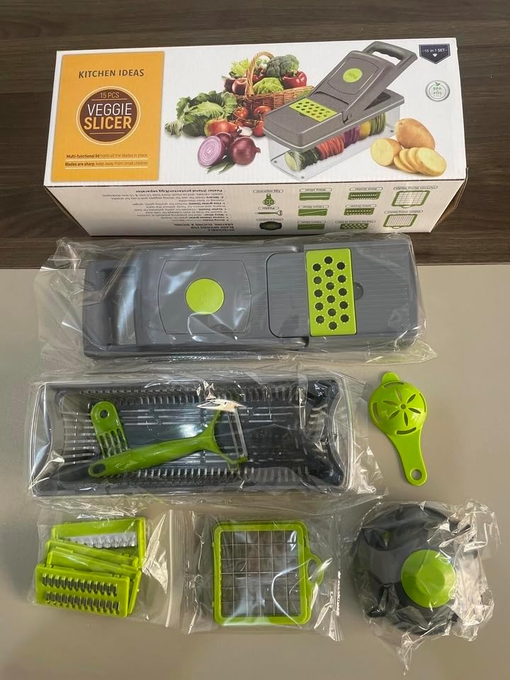 KitchenHelper 15 in 1 Mandoline - Food Chopper, Cutter, Dicer, Grater, Peeler, Slicer, Egg Separator, and Rinse Basket