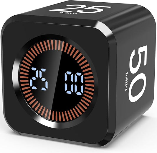 Digital Pomodoro Timer Cube 5/10/25/50min, Visual Productivity Flip Timer for Kids Classroom Desk, Custom Countdown, Silent and Sound Mode for ADHD Study Work Game Kitchen (Black)