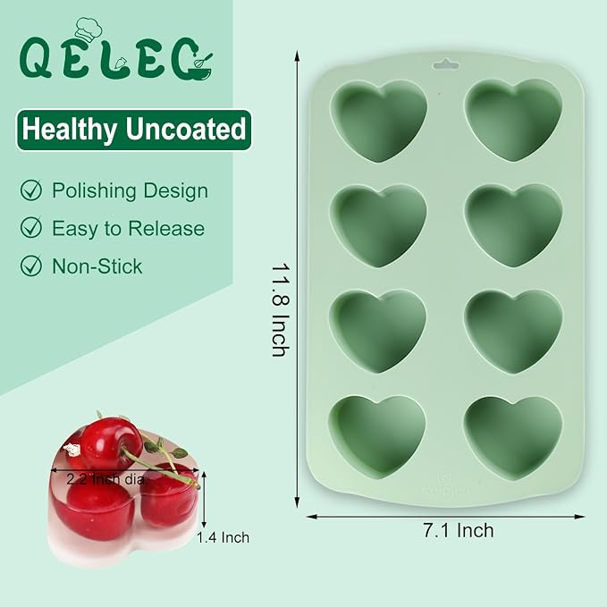 QELEG 2 Pack Silicone Heart Molds, Mini Cake Heart Pan, Baking Molds for Homemade Muffins, Ice cube tray Chocolate Bomb, Candles, Cupcakes, Brownies, Tartlets and Egg Bites 2Pcs/8-Cavity