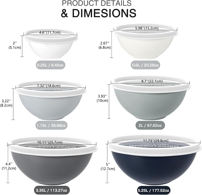 Greentainer Plastic Mixing Bowls with Lids Set for Kitchen, 6 Set Nesting Bowls for Mixing, Baking, Prepping, Cooking and Serving Food, Mixing Bowls Dishwasher, Microwave Safe