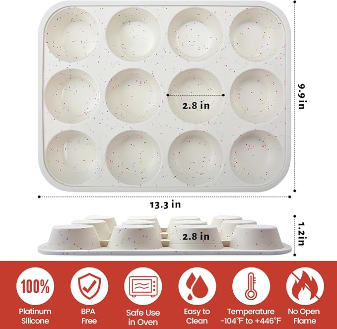 CAKETIME Silicone Muffin Pan, Metal Reinforced Frame Cupcake Pan 12 Cups Regular Size Easy to Move in or Out of Oven Non-Stick (1)