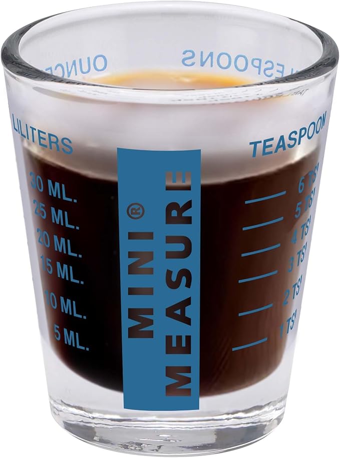 Kolder Mini Measure Heavy Glass, 20-Incremental Measurements Multi-Purpose Liquid and Dry Measuring Shot Glass, Blue, Set of 2