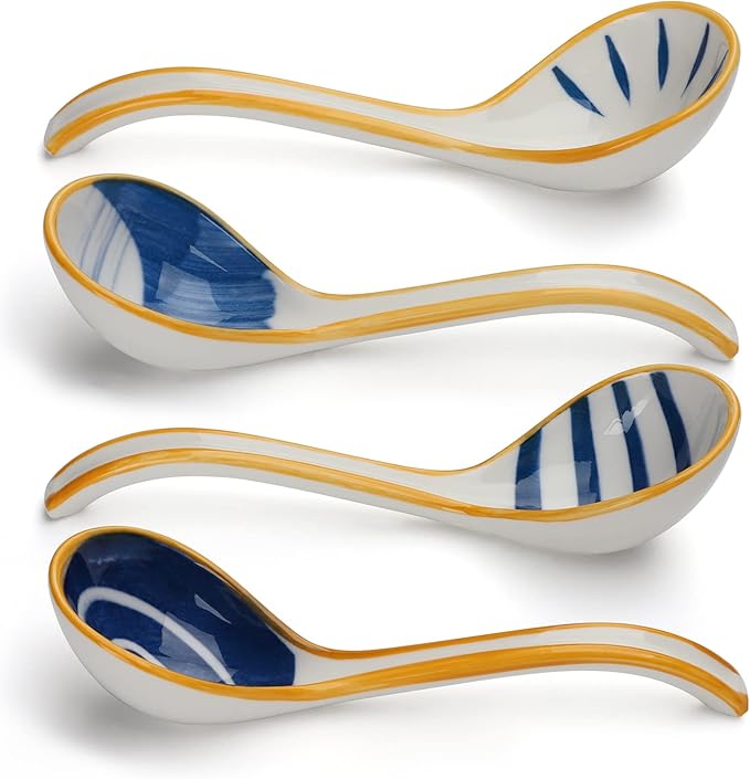 Ceramic Soup Spoons Set of 4 Porcelain Japanese Soup Spoon Long Handle Asian Soup Spoon Sets for Pho Ramen Noodles Wonton Dumpling Rice (Model 1#)