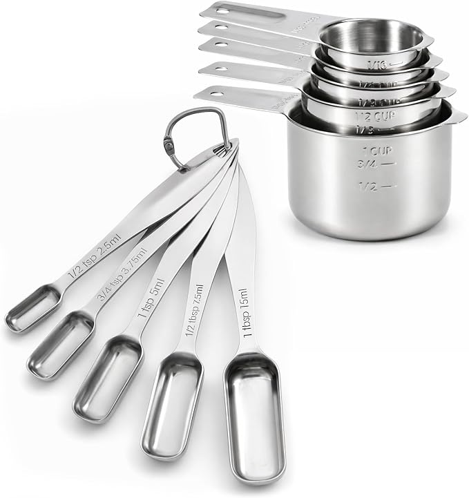 FANGSUN Stainless Steel Measuring Cups and Spoons Set of 10, Stainless Steel Measuring Spoons with Long Handles & Engraved Measurements, Fits in Spice Jars, for Baking & Cooking