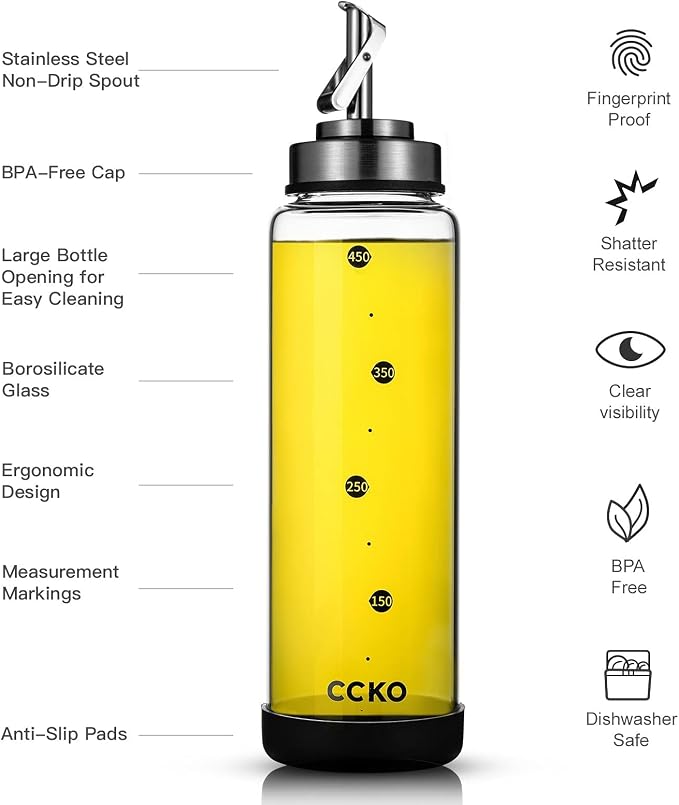 Glass Olive Oil Dispenser Bottle Shatterproof and Leakproof with Stainless Steel Spouts High Temperature Resistant 17oz Cooking Oil and Vinegar Cruet Dispenser