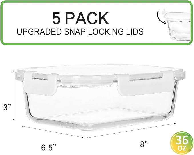 M MCIRCO 5 Pack 36 oz Glass Food Storage Containers with Lids, White | Glass Meal Prep Containers,Airtight Lunch Containers with Lids, Microwave, Oven, Freezer and Dishwasher, BPA Free, 4.5 Cup