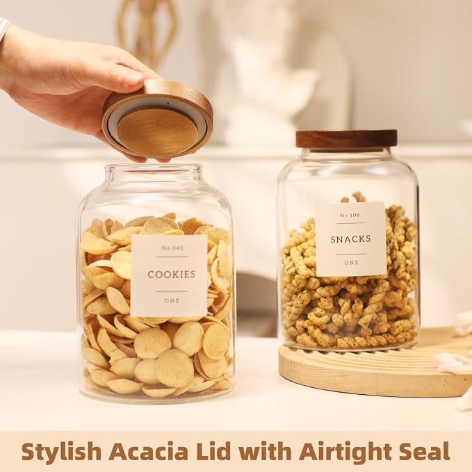 2 Pack Glass Food Storage Containers with Airtight Acacia Lids and 132 Kitchen Pantey Labels Preprint - 67 LF OZ Borosilicate Glass Canister Sets for Food,Coffee,Cookie,Tea,Candy,Sugar