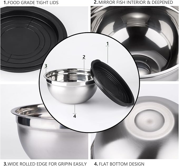 Leidawn Mixing Bowls with Lids Set, 25 PCS Black Mixing Bowl for Kitchen | Stainless Steel Nesting Bowls for Baking, Mixing, Serving & Prepping, Size 5, 3.7, 2.8, 2.3, 1.7, 1.1, 0.7QT, 11 Utensils