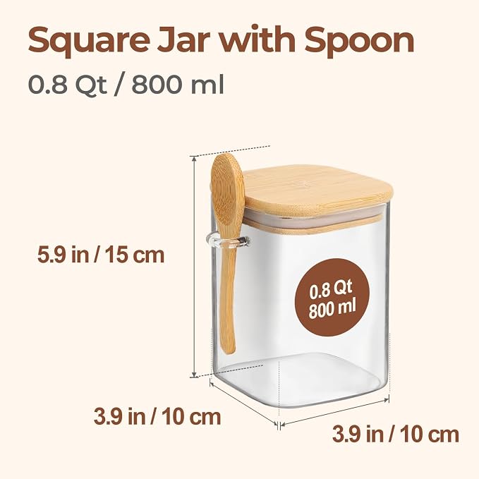 ComSaf Glass Container with Spoon & Lid 0.8 Qt, 4 Pack Glass jar with spoon | Coffee and Sugar Container Set, Coffee Bar, Salt Jar, Bamboo Lid with Silicone Seal, 27oz Canister, Spice,Seasoning, BPA Free