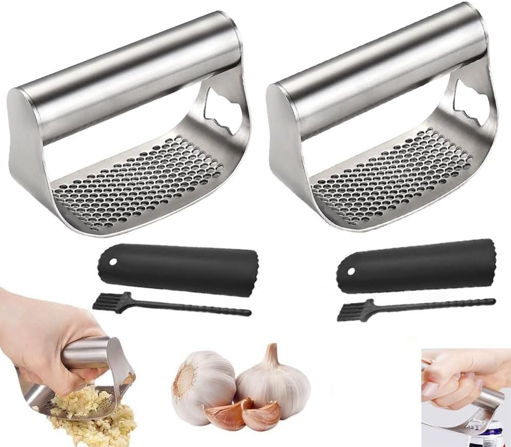 Garlic Press Set,Garlic Press Rocker Heavy Duty Stainless Steel Garlic Mincer, Garlic Chopper with Peeler And Cleaning Brush for Smash Garlic Kitchen Tools(2Set)