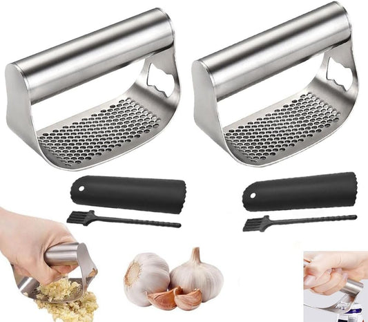 Garlic Press Set,Garlic Press Rocker Heavy Duty Stainless Steel Garlic Mincer, Garlic Chopper with Peeler And Cleaning Brush for Smash Garlic Kitchen Tools(2Set)