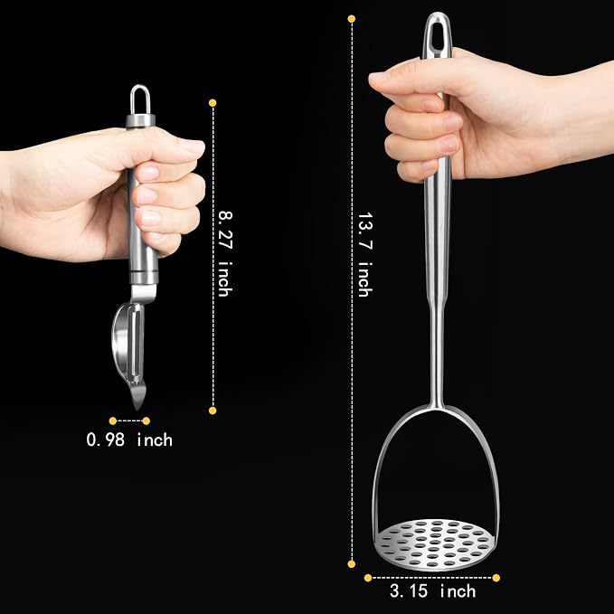 2Pcs Long Handle Large Potato Smasher with Peeler,Mashed Potato Masher,Stainless Steel Masher Kitchen Tool for Bean,Vegetable,Food,Fruit,Salad