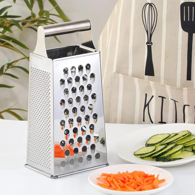 Handheld Cheese Grater Box for Kitchen, Stainless Steel 4 Sided Cheese Grater with Handle for Grinding Shredding & Slicing, Dishwasher Safe (Silver)