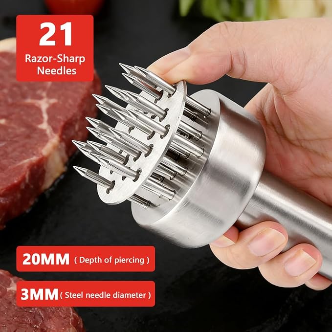 Stainless Steel Meat Tenderizer, 21-Needle Mallet for Chicken/Beef, Easy-Grip