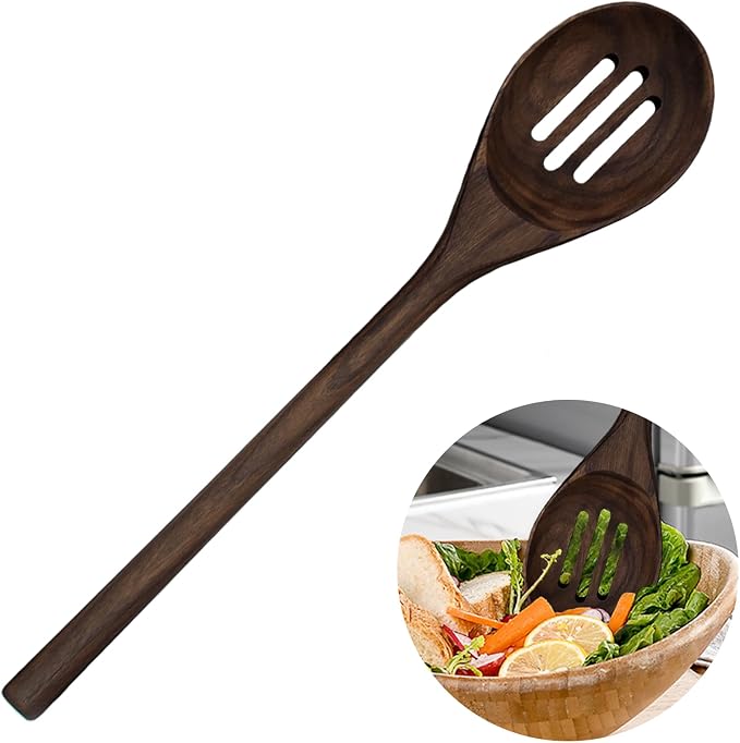 13.5" Walnut Wood Slotted Spoon, Wooden Cooking Utensil with Holes for Draining, Long Handle Kitchen Serving Spoon for Mixing Stirring, Non-Stick