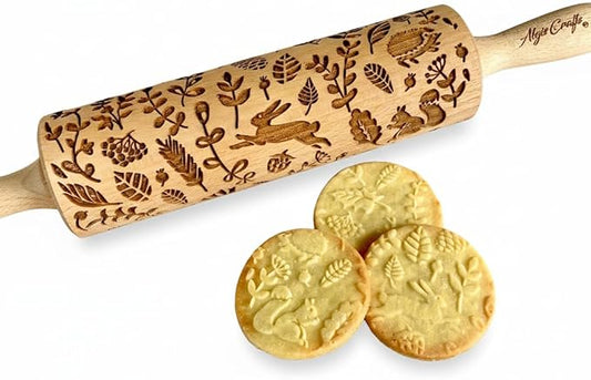 FOREST ANIMALS Embossing Rolling Pin. Laser Engraved Dough Roller for Embossed Cookies Fondant or Pottery by Algis Crafts