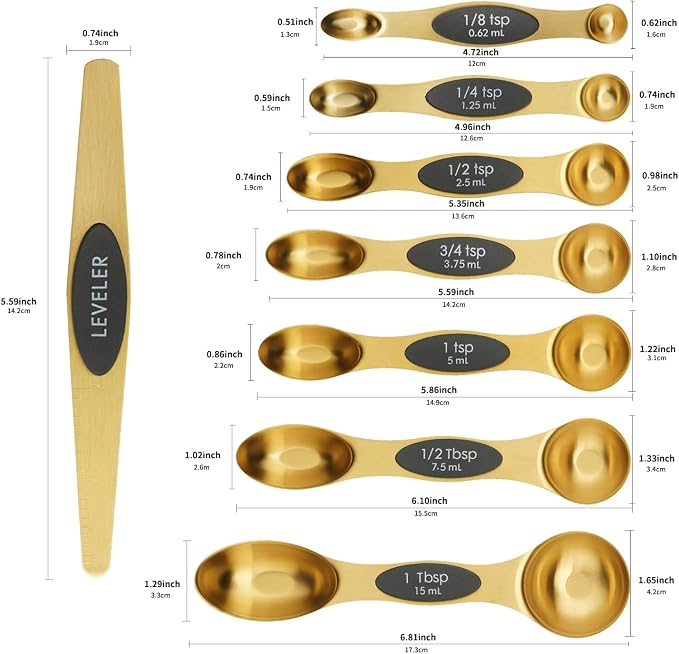 Magnetic Measuring Spoons Set of 8 with Leveler Stainless Steel Dual Sided Teaspoon and Tablespoon Stackable Fits in Most Kitchen Spice Jar