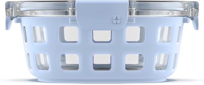 Ello Duraglass 4 Cup Glass Meal Prep Container with Lid, Halogen Blue | 4 cup glass meal prep container with silicone sleeve, leakproof BPA-free lid, microwave, freezer and dishwasher safe