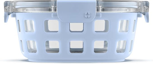 Ello Duraglass 4 Cup Glass Meal Prep Container with Lid, Halogen Blue | 4 cup glass meal prep container with silicone sleeve, leakproof BPA-free lid, microwave, freezer and dishwasher safe