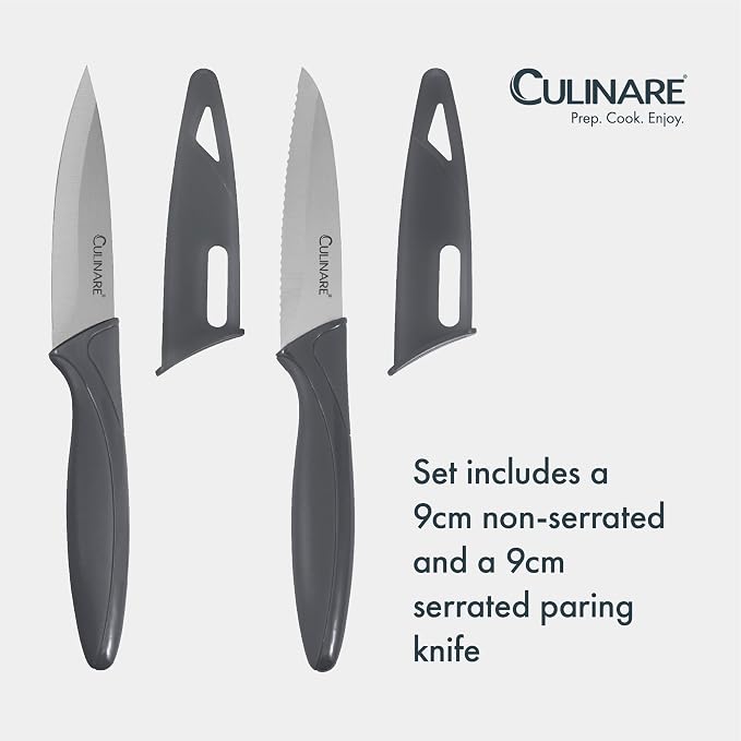CULINARE 2 Piece Knife Set, Grey, Stainless Steel, 9cm Ultra Sharp Blades, 2 x Kitchen Knives with Protection Covers, Smooth Cutting/Firm Grip/Non-Slip Handle, Dishwasher Safe