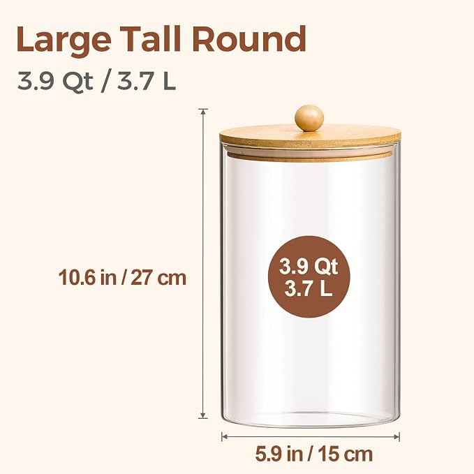ComSaf Glass Storage Jars with Bamboo Lids 3.9 Qt 2 Pack Large Pantry Round | Flour sugar coffee beans, Pasta cereal dry food, Large capacity, Kitchen storage, Cabinet organization,Clips included