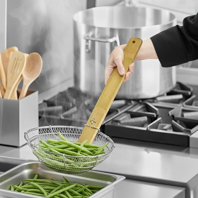 TrueCraftware- 10” Fine Mesh Skimmer Galvanized Steel with Natural Bamboo Handle- Spider Strainer Ladle Kitchen Frying Food Pasta Spaghetti for Cooking and Frying Pasta Strainer Spoon