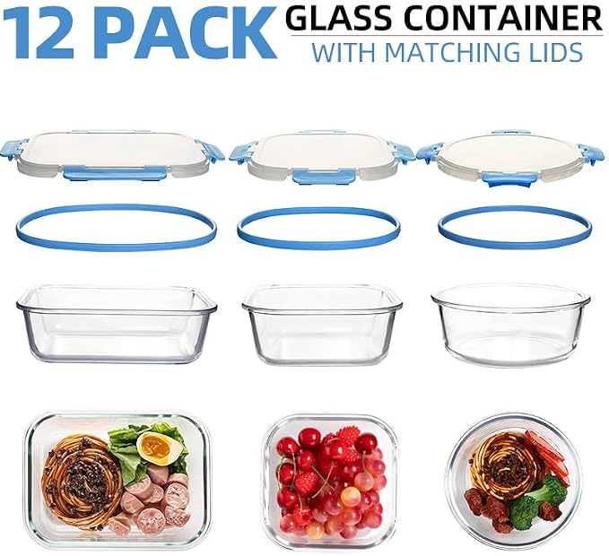 12 Pack Glass Storage Containers Transparent, Stackable Design Meal Prep Containers for Food Storage, Home, Kitchen & Pantry Organization, Microwave/Freezer/Dishwasher Safe