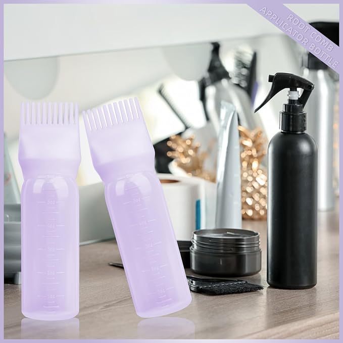 Root Comb Applicator Bottle 6 Ounce, 4 Pack - Hair Oil Applicator with Root Comb Brush for Scalp Hair Oiling - Purple