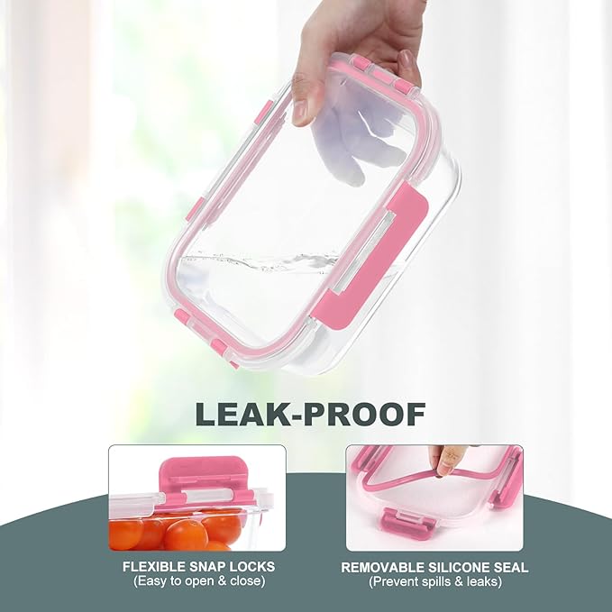 10 Pack Glass Food Storage Containers with Lids, Pink | Meal Prep Containers Set, Airtight Glass Lunch Boxes, BPA-Free, Freezer, Oven, and Microwave Safe
