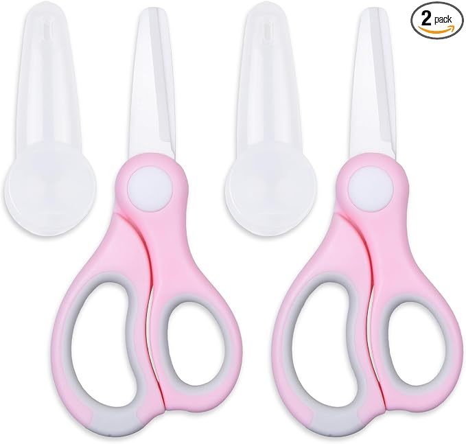 Ceramic Baby Food Scissors - Portable Shears - Healthy Food Cutter with Dust Cover and Storage Case - Cuts Meat, Chicken, Vegetables, Fruits (2-Pack) (Pink - 2 pack)