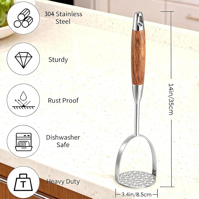 Potato Masher Stainless Steel, 14 Inch Potato Smasher - Kitchen Essential for Mashed Potatoes, Pumpkin, Carrots, Avocado & Fruits, Heavy Duty Metal Mashing Utensil (Wooden handle Masher)