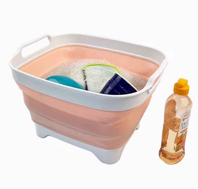 SAMMART 7.5L (2 Gallons) Collapsible Dishpan with Draining Plug - Foldable Washing Basin - Portable Dish Washing Tub - Space Saving y (White/Pearl Blush, 1)