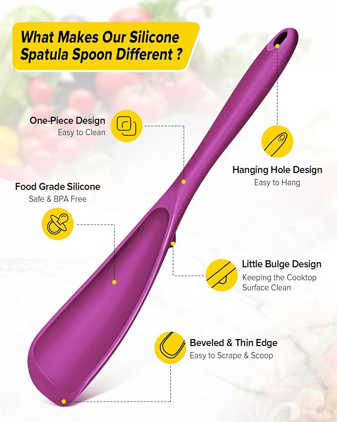 Pack of 2 Cooking Spoons for Non Stick Cookware, Multifunction Spatula Spoon BPA-Free, One-Piece Design, Suitable for Scooping, Scraping, Serving and Mixing (PURPLE)