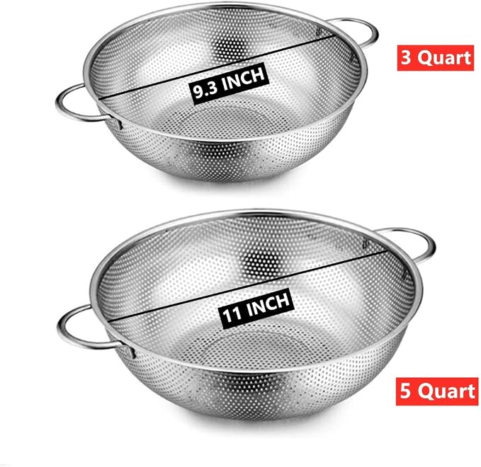 Colander Set of 2, Heavy Duty Stainless Steel Micro-Perforated Strainer Mesh Colander with Handle for Draining Rinsing Washing Pasta Vegetables Fruits, Dishwasher Safe -3/5 Quart
