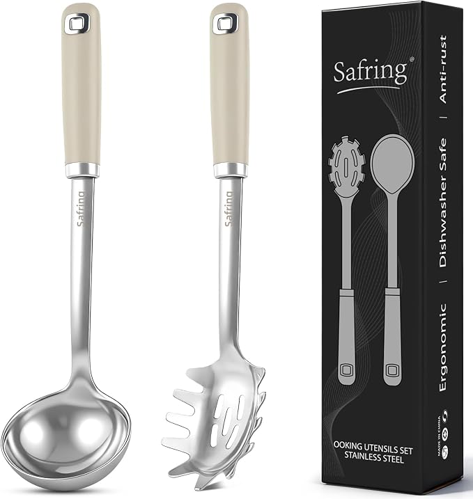 Safring Stainless Steel Soup Ladle and Spaghetti Spoon Set, Heat Resistant Rubber Handle, Dishwasher Safe, Kitchen Utensils for Cooking, Stirring, Serving Pasta, Soup & Sauce (Beige)