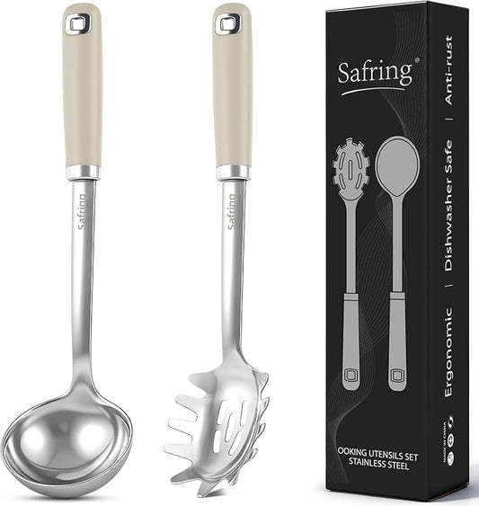Safring Stainless Steel Soup Ladle and Spaghetti Spoon Set, Heat Resistant Rubber Handle, Dishwasher Safe, Kitchen Utensils for Cooking, Stirring, Serving Pasta, Soup & Sauce (Beige)