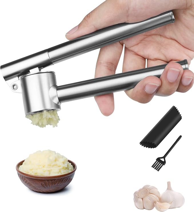 Garlic Press Garlic Mincer & Crusher Stainless Steel Garlic Press Set for Kitchen with Brush & Peeler, Kitchen for Garlic, Garlic Presser Easy to Clean Easy Squeeze Rust Proof (Small A - Set)