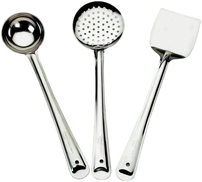 Ladle Skimmer Turner Chamcha Kadchi Palta Kitchen item Set of 3 Silver,13 inches